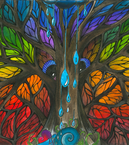 Catherine Durbec, illustratrice, se lance dans un projet de littérature de jeunesse, à l'encre et au rotring. Ici, l'arbre libellule vitrail qui abrite le héros comme un arbre de vie. Poésie et fractales.