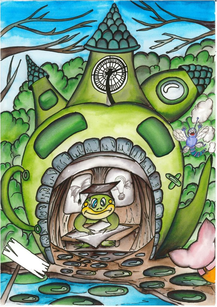 Catherine Durbec, illustratrice, se lance dans un projet de conte philosophique pour adultes et enfants. Dessins à l'encre et au rotring. Ici, découverte de d'une des personnages clé : la grenouille scientifique qui habite une théière et planche sur les croquis de Léonard de Vinci afin de parvenir à réaliser un engin volant pour faire le tour du monde comme dans le tour du monde en 80 jours de Jules Verne. Le personnage s'appelle Philéas frog.
