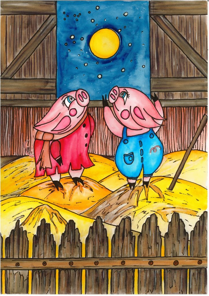 Catherine Durbec, illustratrice, se lance dans un projet de conte philosophique pour adultes et enfants. Dessins à l'encre et au rotring. Ici, découverte de deux personnages clés : deux cochons romantiques qui contemplent la lune en essayant de ne pas penser à leur destin.