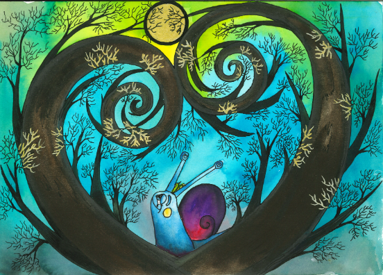 Catherine Durbec, illustratrice, se lance dans un projet de littérature de jeunesse, à l'encre et au rotring. Ici, la mascotte, un escargot, qui demande conseil à la lune.