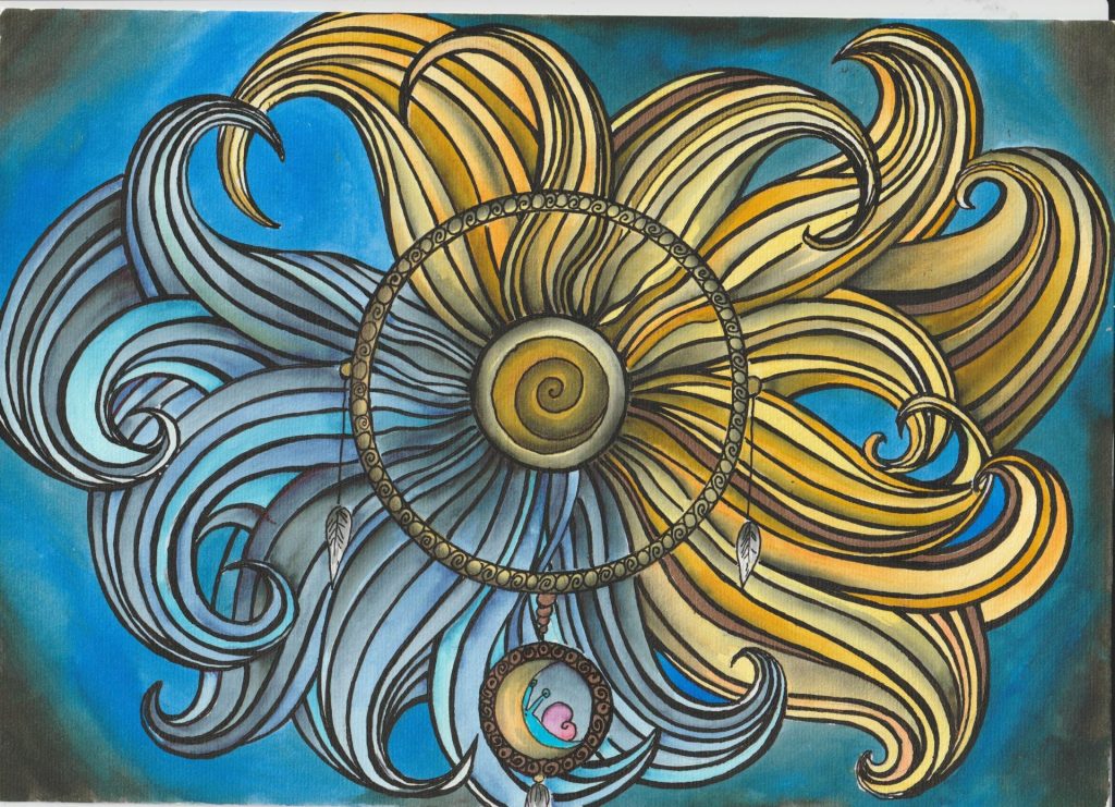 Catherine Durbec, illustratrice, se lance dans un projet de littérature de jeunesse, à l'encre et au rotring. Ici, le fameux attrape-rêve céleste qui conseille la mascotte pendant son sommeil. Spirale, étoile, escargot, rêves, poésie, céleste.
