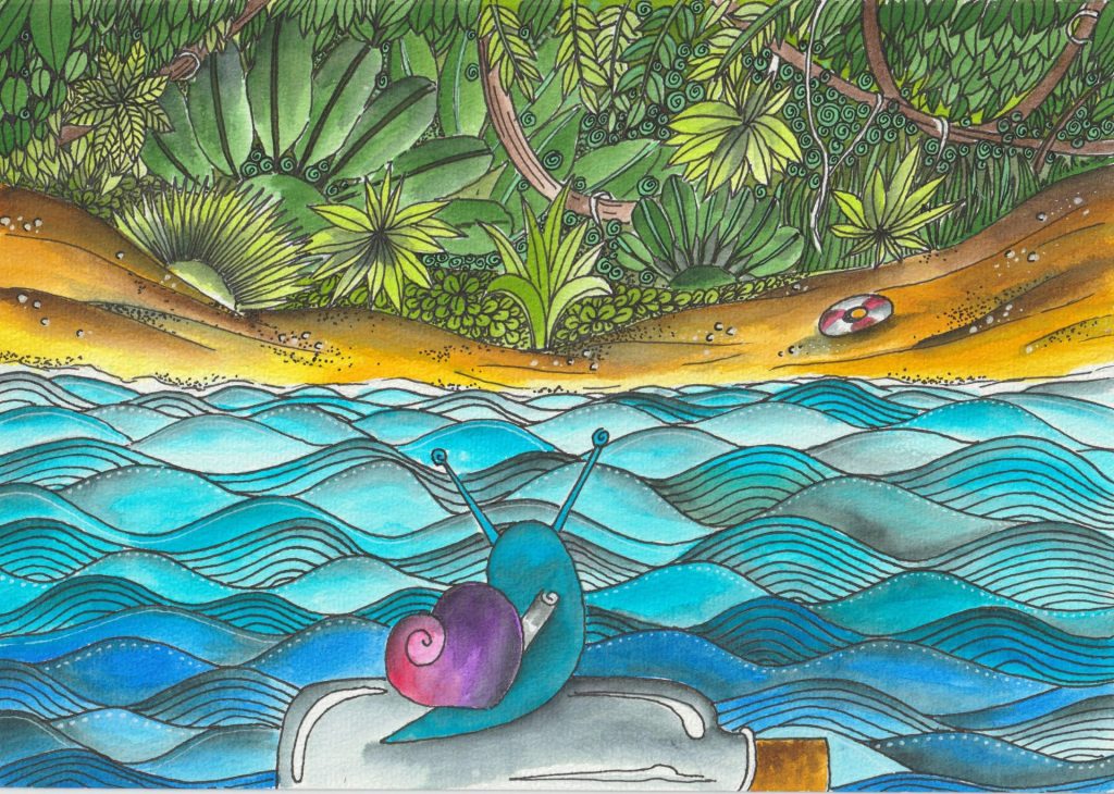 Catherine Durbec, illustratrice, se lance dans un projet de littérature de jeunesse, à l'encre et au rotring. Ici, découverte de l'Amazonie avec une vue atypique de dos. Projection, immersion dans le paysage dense qui s'offre comme une promesse de calme et de tranquillité.