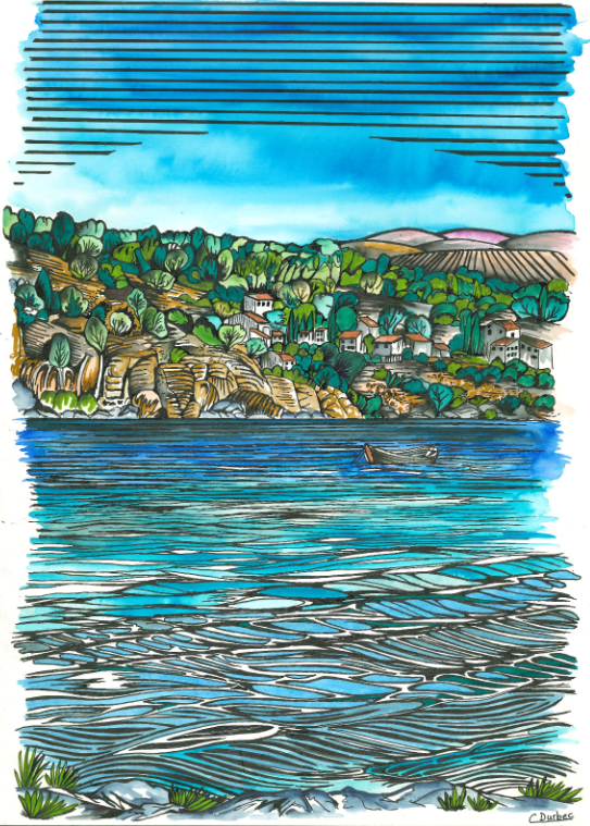 Catherine Durbec, illustratrice, se lance dans un projet de croquis des villages autour de son village natal, saint Julien le Montagnier, dans le Var, à l'encre et au rotring. Ici, le lac par la route de Gréoux les bains, Alpes de Haute provence.
