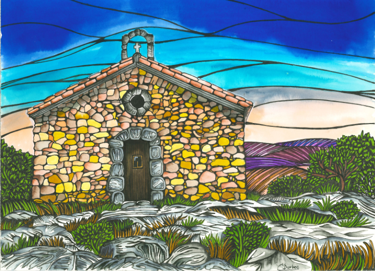 Catherine Durbec, illustratrice, se lance dans un projet de croquis de son village natal, saint Julien le Montagnier, dans le Var, à l'encre et au rotring. Ici, la chapelle.