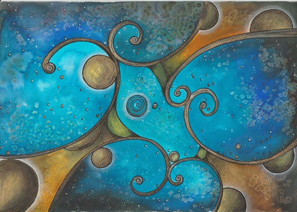 Catherine Durbec, illustratrice, se lance dans un projet de littérature de jeunesse, à l'encre et au rotring. Ici, vue céleste spiralaire. Poésie, astronomie, magie, métaphysique.