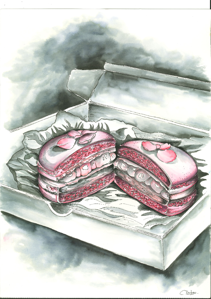 Scène capitale du roman contemporain de Catherine Durbec, "Le nénuphar". Paris. Partage d'un macaron à la rose d'Ispahan de P. Hermé.