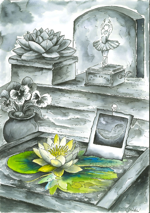 Illustration noir et blanc d'un nénuphar en couleur devant une pierre tombale. Décor original de la stèle : un nénuphar sculpté, un pot de pensées, une boîte à musique de La Vie en Rose, une photo d'échographie de grossesse... La lumière contre l'obscurité. Célébration de la vie avec la couleur de la vie contre le marbre et les ombres du souvenir.