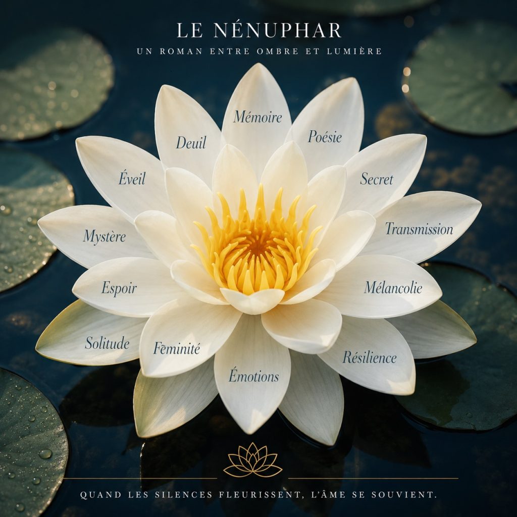 Illustration d'un nénuphar dont chaque pétale représente une thématique du roman contemporain de Catherine Durbec "Le nénuphar".