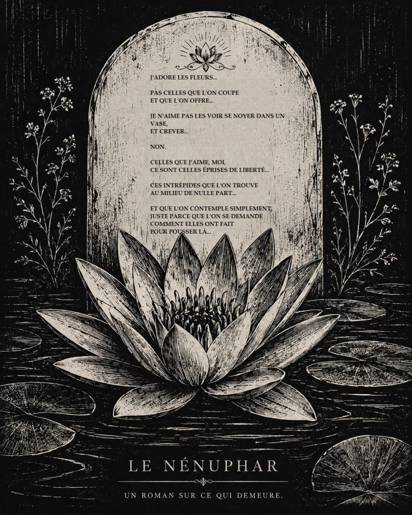 Illustration noir et blanc d'un nénuphar devant une pierre tombale. La lumière contre l'obscurité. Célébration de la vie avec le texte écrit en épitaphe.