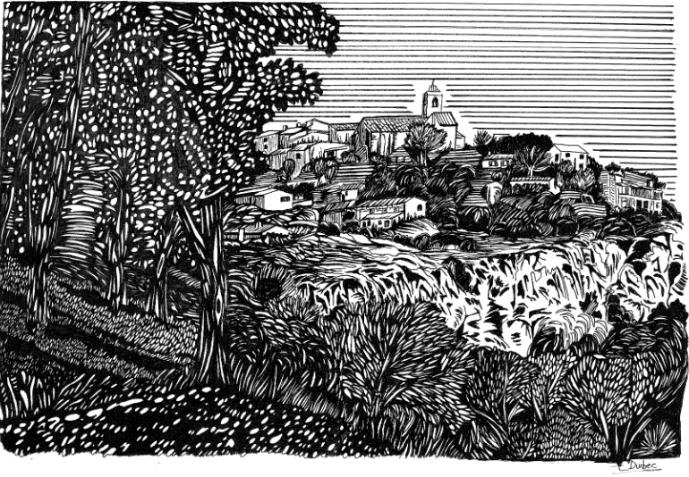 Catherine Durbec, illustratrice, se lance dans un projet de croquis de son village natal, saint Julien le Montagnier, dans le Var. Ici, monochrome du village perché médiéval.