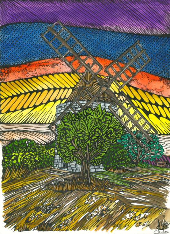 Catherine Durbec, illustratrice, se lance dans un projet de croquis de son village natal, saint Julien le Montagnier, dans le Var, à l'encre et au rotring. Ici, le moulin du village perché.