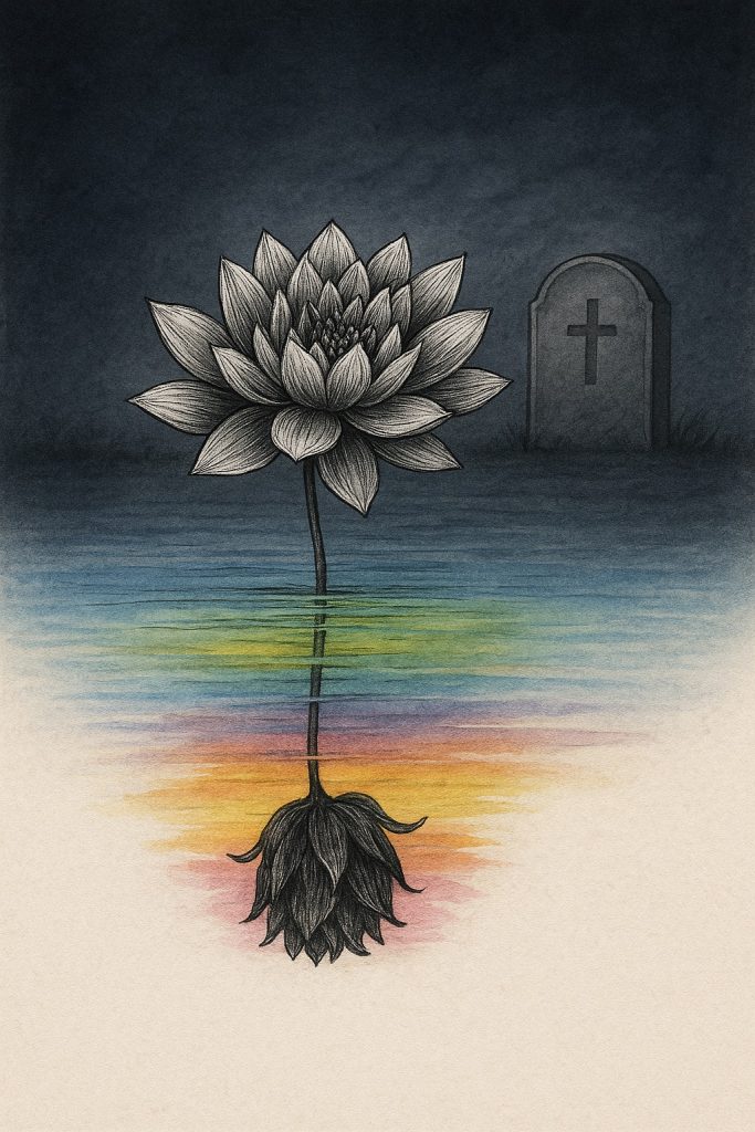 Illustration couleur de la première page de couverture du roman contemporain de Catherine Durbec, "Le nénuphar" représentant un nénuphar se dressant hors de l'eau, prolongé par ses racines d'une rose. L'obscurité de la vase cède la place aux reflets irisés d'un arc-e,-ciel.