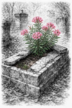 Un laurier pousse au milieu d'une tombe éventrée. Poésie du Père-Lachaise. Entre mémoire du passé et promesse de renouveau.