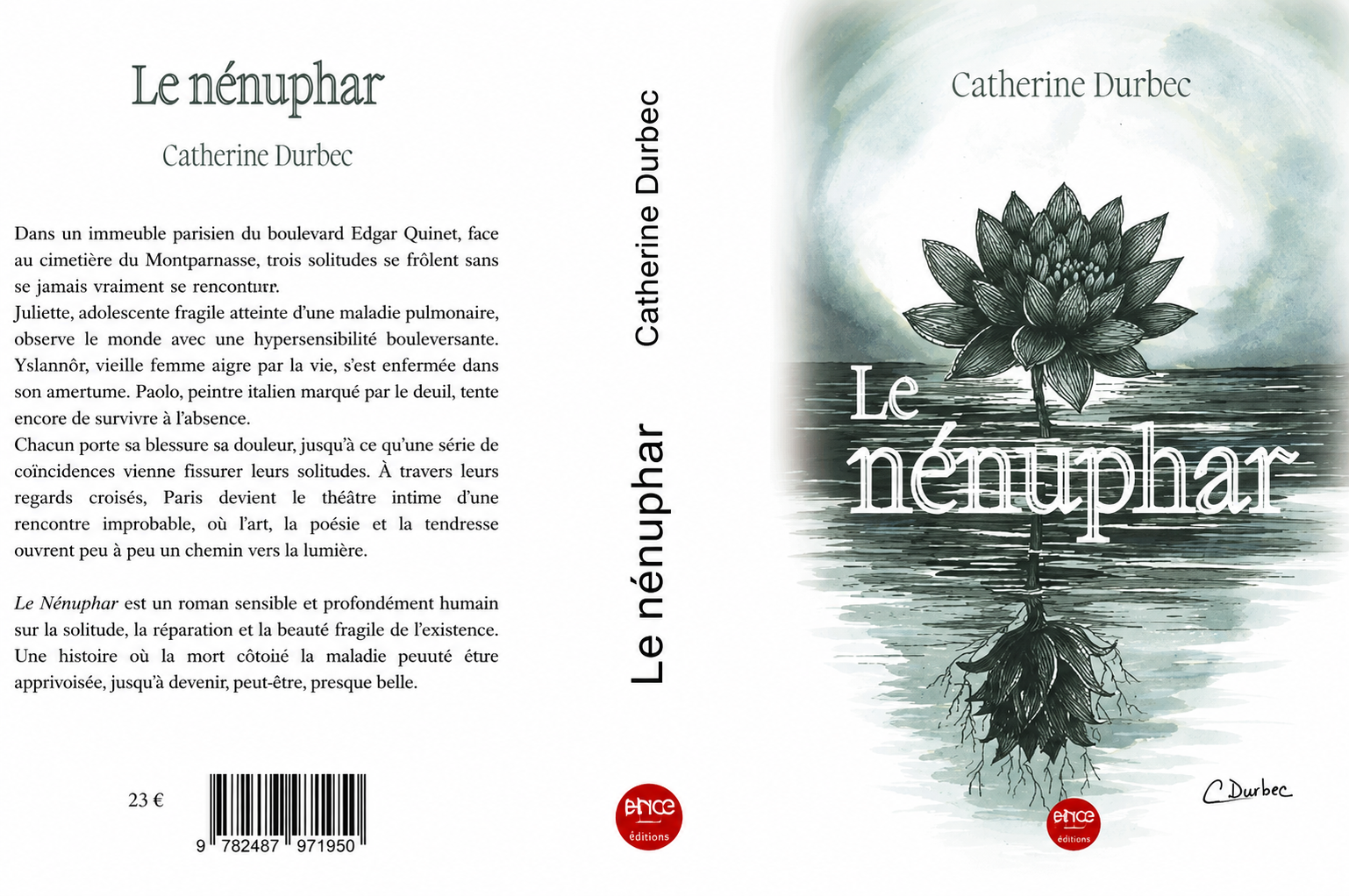 première et quatrième page de couverture du roman polyphonique "Le Nénuphar" de Catherine Durbec. Illustration originale encre et roring. BAT de couverture.
