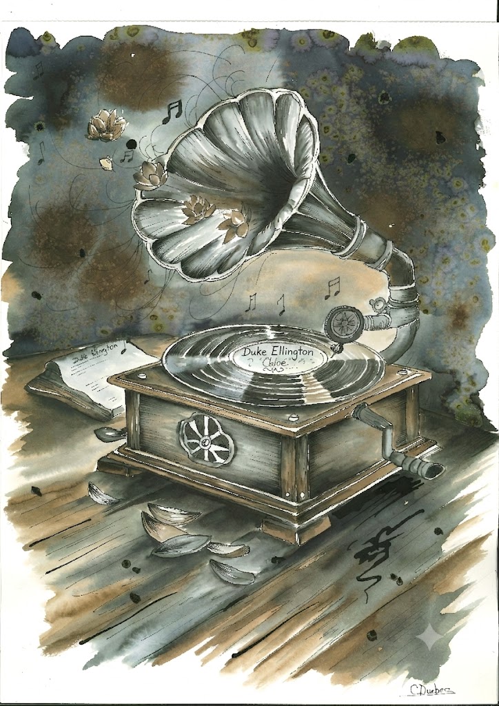 Scène d'ambiance poétique du roman contemporain de Catherine Durbec, "Le nénuphar". Un vieux tourne-disque, un vinyle qui joue Duke Ellington, "Chloé", et des pétales de nénuphar.